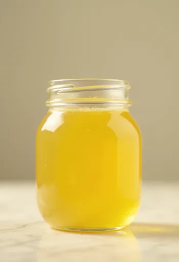 Ghee dorado en tarro de cristal con cuchara de madera sobre superficie natural