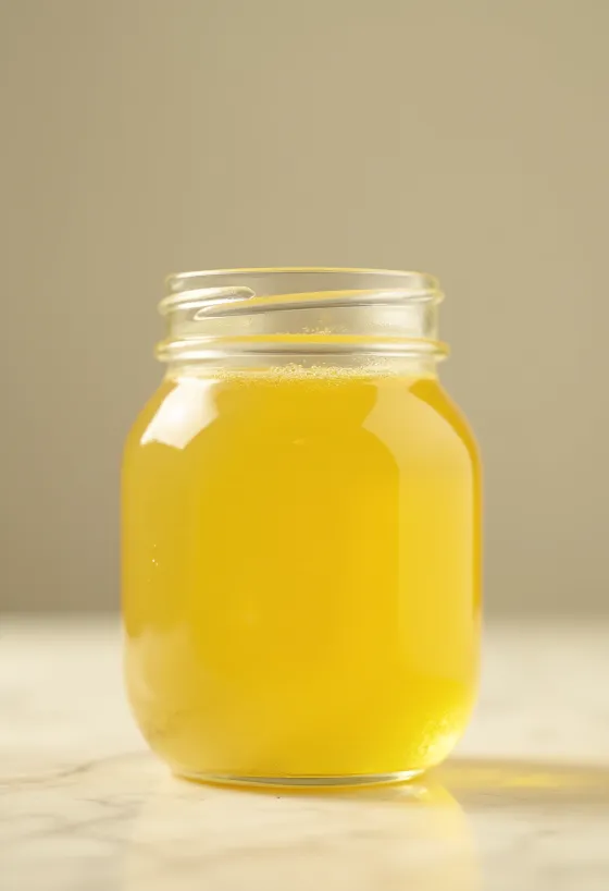 Ghee dorado en tarro de cristal con cuchara de madera sobre superficie natural