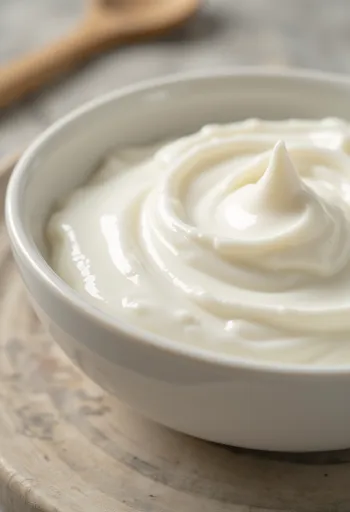 Yogur natural cremoso en bol de cristal con cuchara