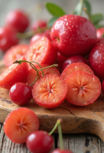 Cerezas de acerola frescas, enteras y cortadas, color rojo vibrante