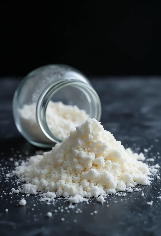 Polvo de agar-agar en frasco de vidrio y cuchara de madera