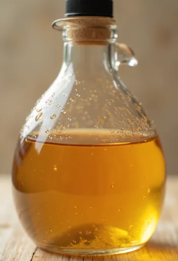 Vinagre de manzana en cuenco de cristal, con manzanas frescas, rodajas, piel y la madre del vinagre en botella