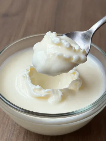 Leche fermentada en cuenco de cerámica rústica con cuchara y superficie ligeramente suerosa