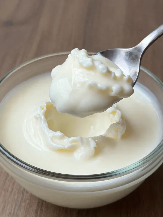 Leche fermentada en cuenco de cerámica rústica con cuchara y superficie ligeramente suerosa