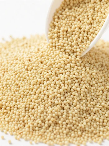 Amaranto crudo de granos amarillos pequeños en cuenco de cerámica