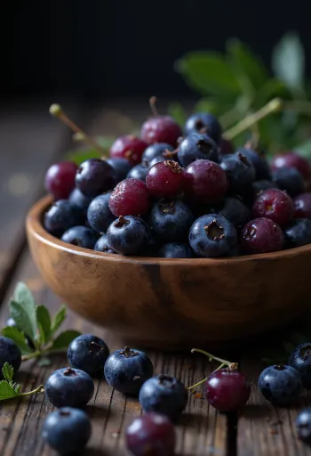 Bayas de aronia frescas, enteras y cortadas, color negro intenso