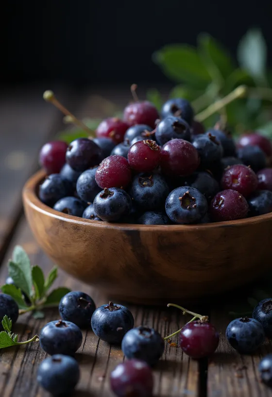Bayas de aronia frescas, enteras y cortadas, color negro intenso