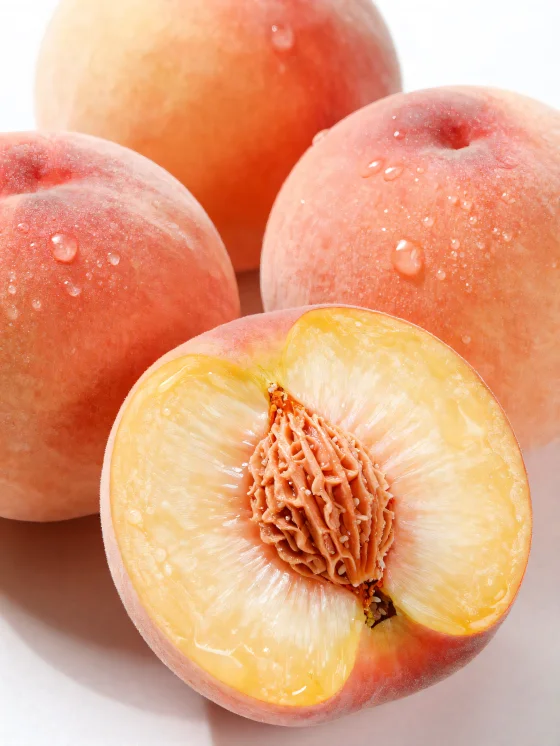 Melocotones enteros y cortados sobre mesa de madera, junto a vaso de zumo