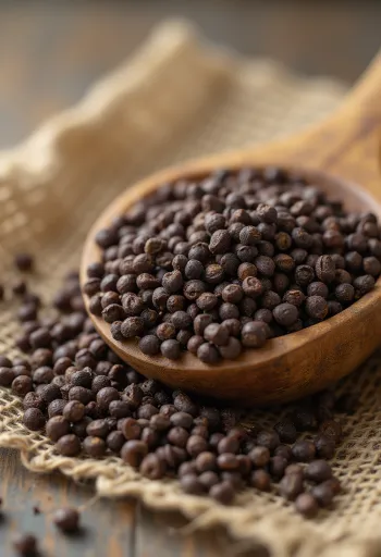 Semillas de mostaza parda seca en cuenco sobre madera