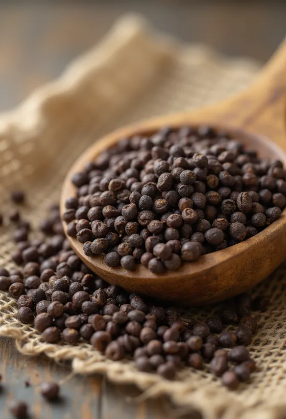 Semillas de mostaza parda seca en cuenco sobre madera