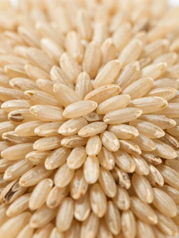 Granos de arroz integral crudo en cuenco rústico sobre encimera