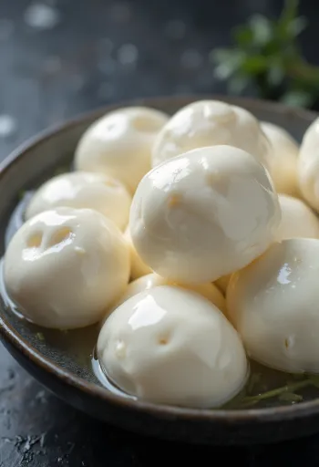 Mozzarella de Búfala fresca en cuenco de cerámica sobre mesa rústica
