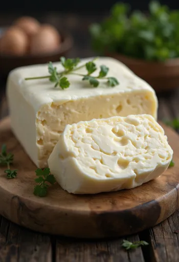 Mantequilla de búfala en pequeño cuenco de cerámica, grasa de textura cremosa y color claro