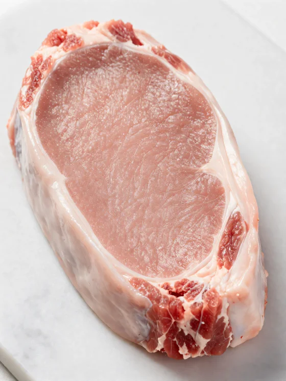 Trozos de carne de ternera fresca clara con especias sobre tabla