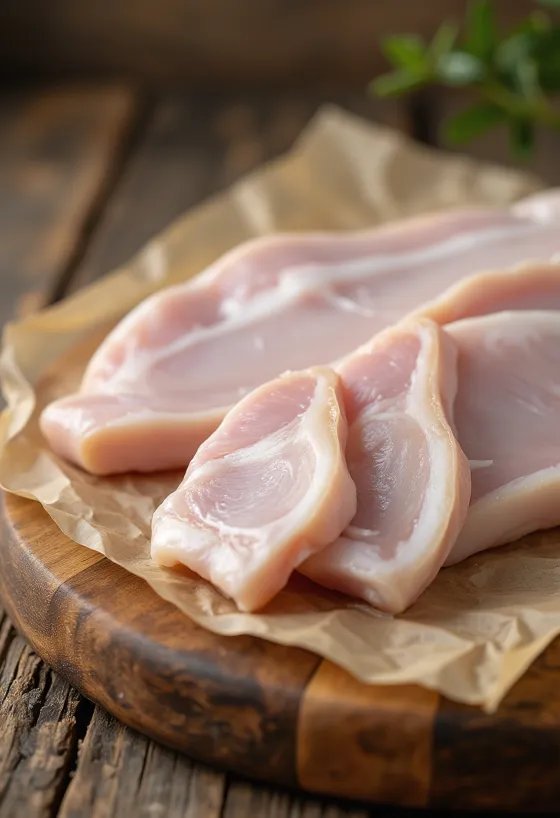 Corteza de cerdo cruda en lonchas sobre tabla de madera, limpia y preparada