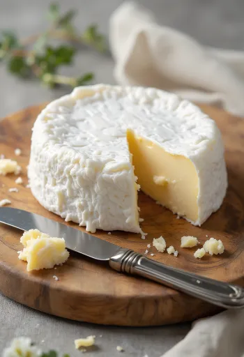 Queso brie cortado sobre tabla de madera, interior cremoso