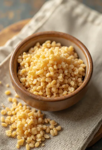 Bulgur crudo en cuenco de cerámica, granos esparcidos sobre superficie de madera