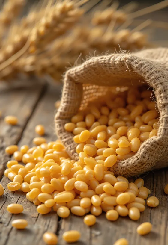 Granos de trigo limpios en saco y esparcidos sobre superficie de madera