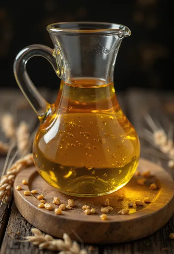 Aceite de germen de trigo en botella y cuenco, color ámbar