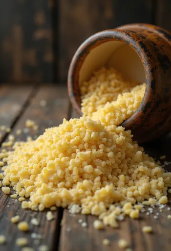Sémola de trigo cruda en cuenco de cerámica sobre superficie de madera