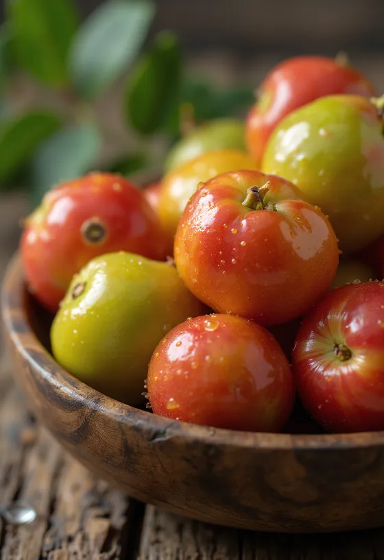 Bayas de camu camu frescas, rojas y brillantes, cortadas