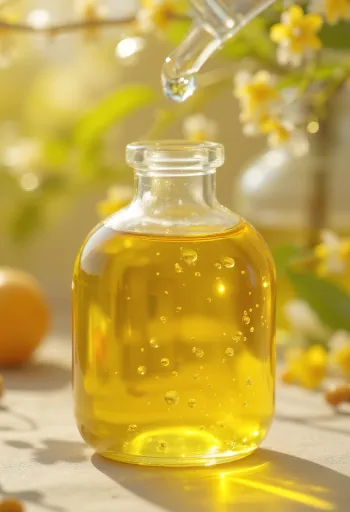 Aceite de chía en botella pequeña junto a semillas de chía en cuenco de madera