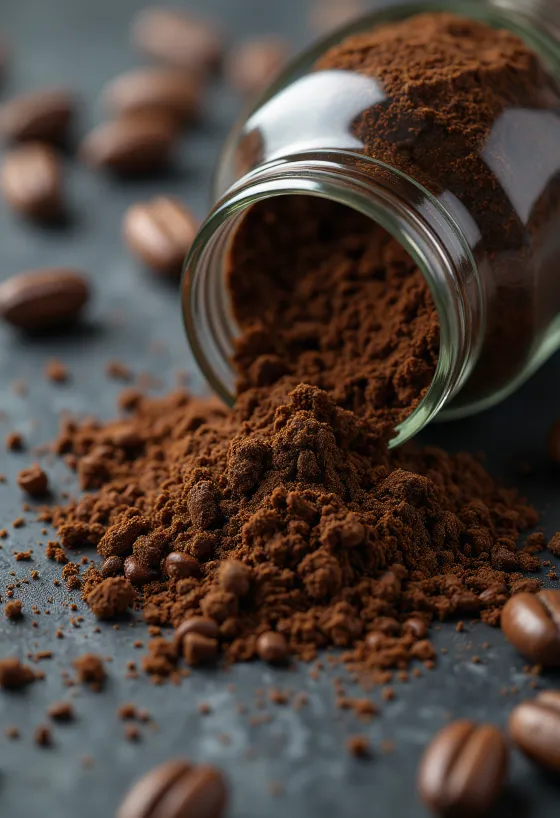 Gránulos de achicoria tostada y raíz seca en cuenco y cuchara