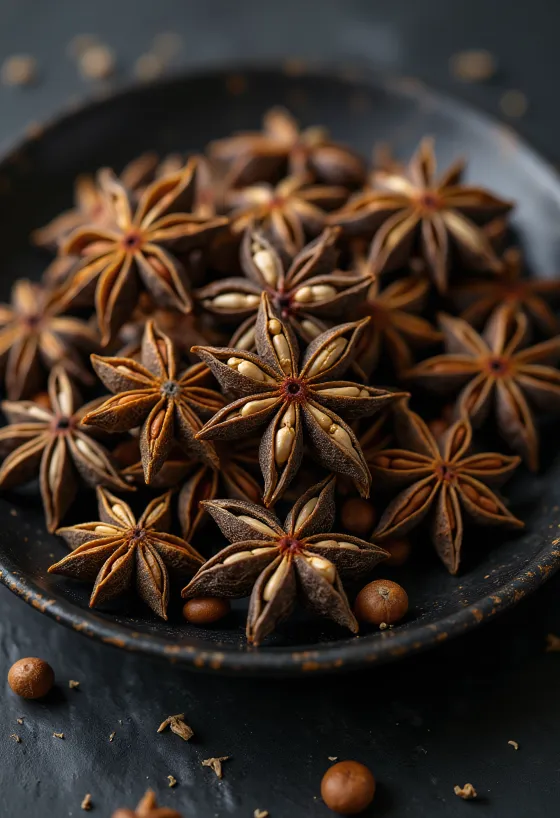 Estrellas de anís secas enteras sobre superficie de madera