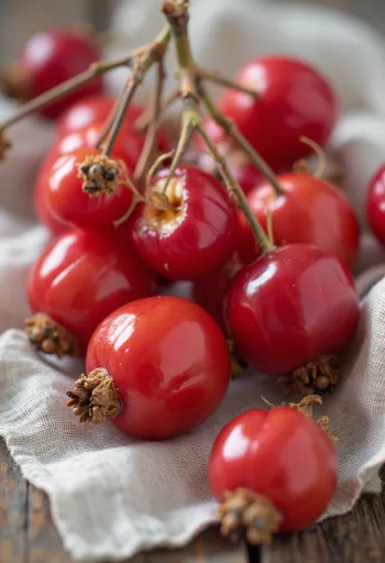 Frutos frescos de escaramujo cortados, con pulpa roja y semillas sobre superficie rústica de madera