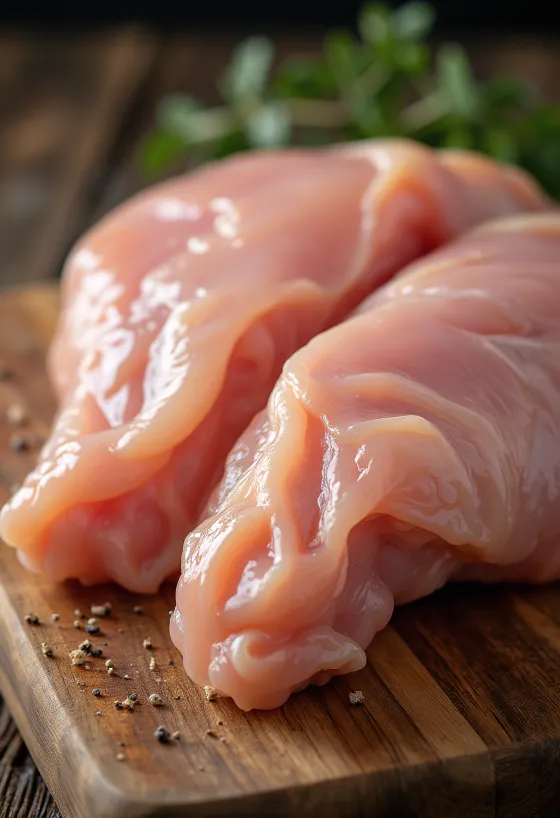 Trozos de carne de pollo cruda fresca con especias en tabla de cortar