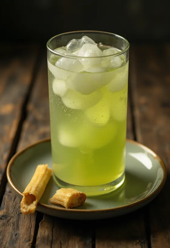 Zumo de caña de azúcar fresco en vaso con trozos de caña cortada