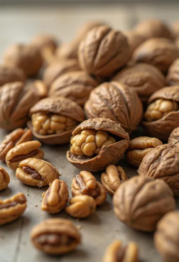 Grano de nuez cortado por la mitad en cuenco de madera y esparcido en superficie rústica