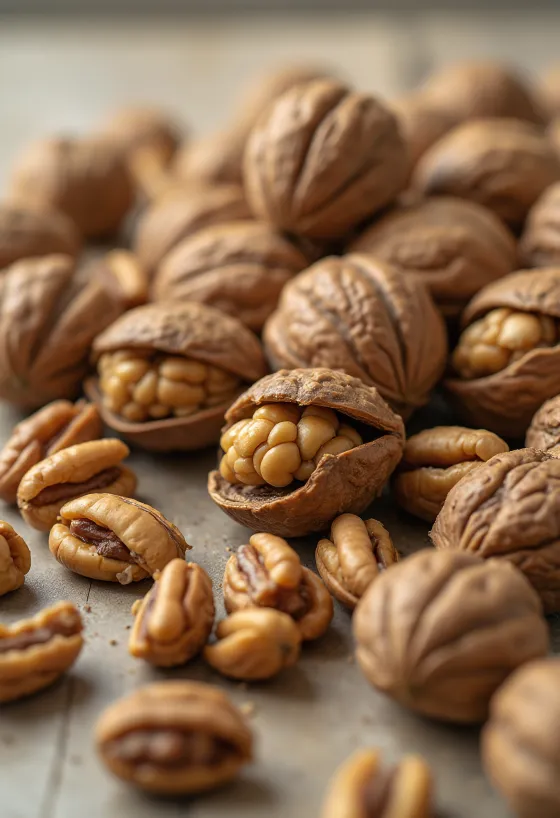 Grano de nuez cortado por la mitad en cuenco de madera y esparcido en superficie rústica