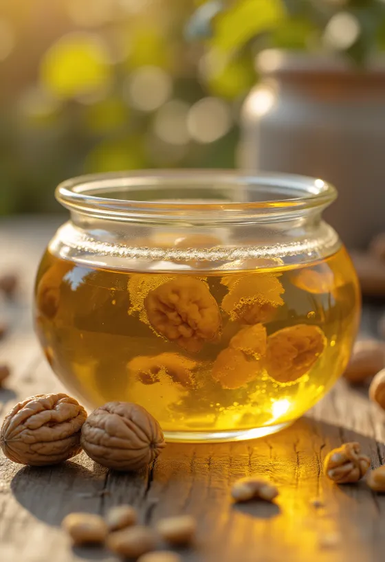 Botella de aceite de nuez dorado rodeada de nueces enteras y peladas