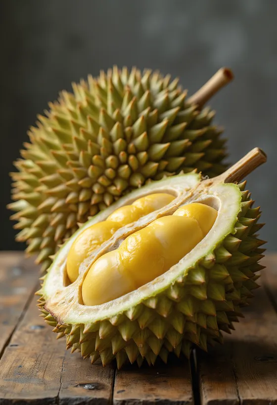 Fruta durián entera y cortada con cáscara espinosa y pulpa cremosa interior