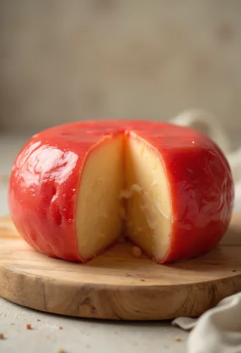 Queso Edam en lonchas con recubrimiento de cera roja en tabla de cortar de madera