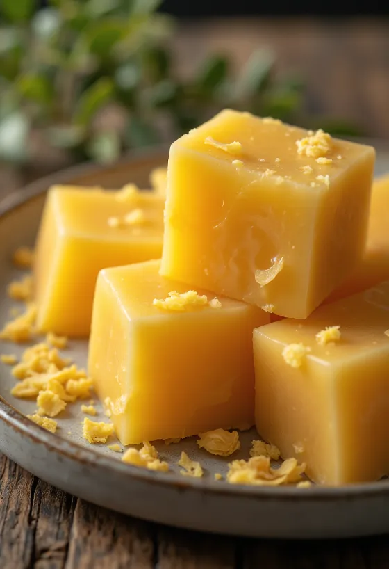 Cera de abejas alimentaria en bloque y rallada sobre madera