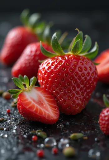 Fresas frescas enteras y cortadas en mesa de madera rústica, con mermelada de fresa