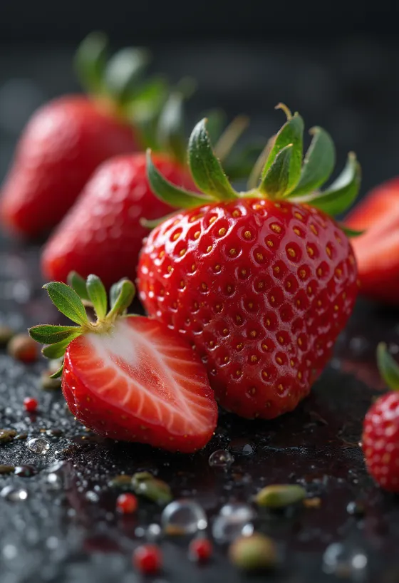 Fresas frescas enteras y cortadas en mesa de madera rústica, con mermelada de fresa