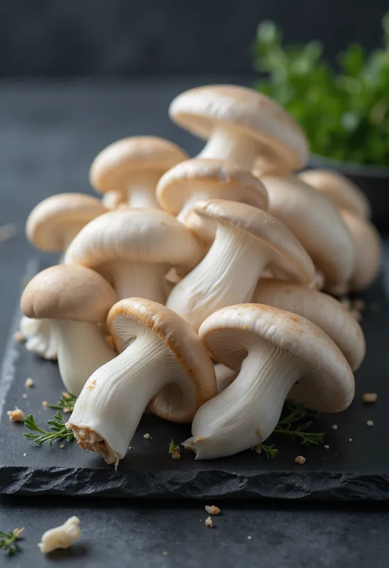 Setas Eringi frescas con tronco blanco grueso y sombrero marrón, en tabla de cortar