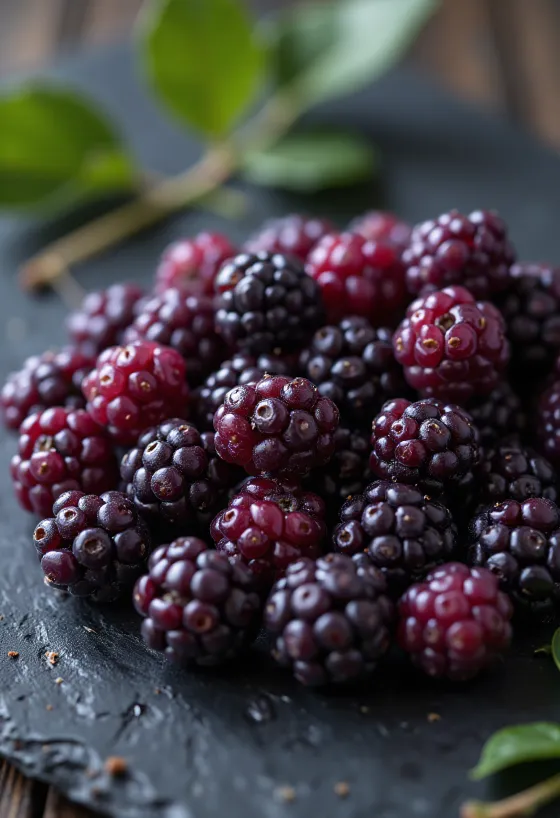 Moras de morera frescas de diversos colores, enteras y cortadas
