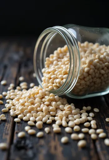 Montón de semillas de chía blancas en primer plano sobre fondo claro