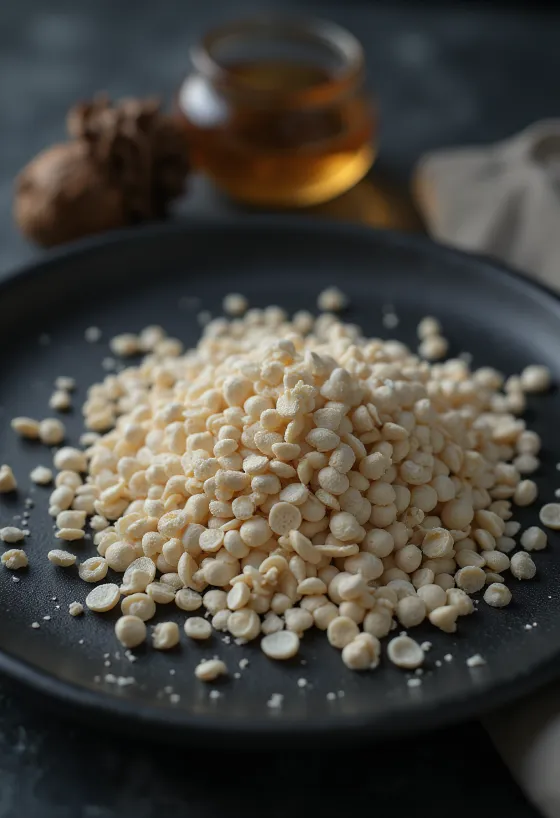 Semillas de amapola blanca en primer plano, montículo de granos claros