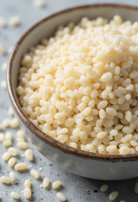 Granos de quinoa blanca cruda con textura detallada