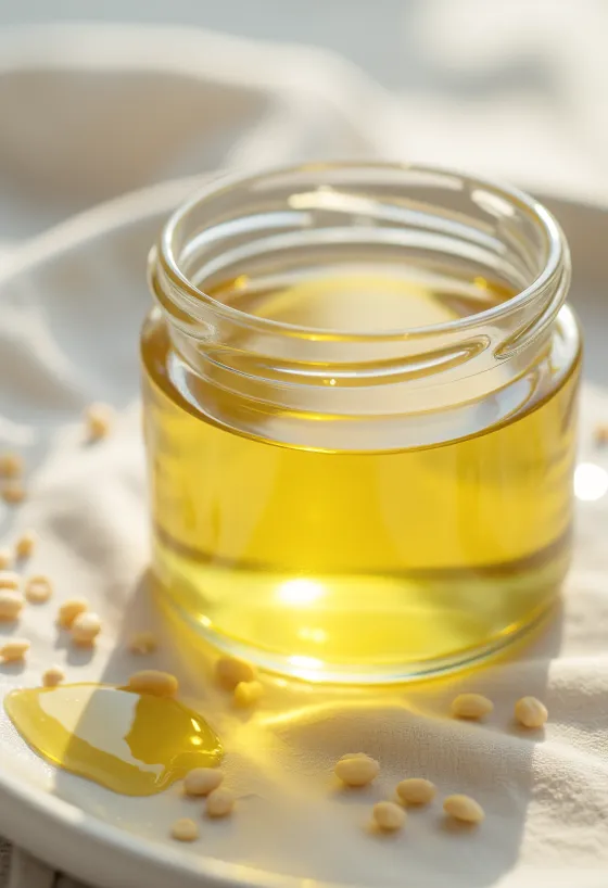 Aceite de sésamo blanco en botella y cuenco, junto a semillas de sésamo