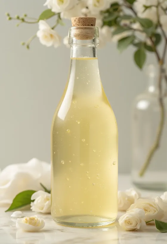 Vinagre de vino blanco en bol de cristal, con uvas blancas, mosto y botella de vinagre