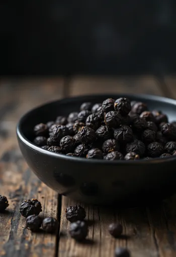 Granos de pimienta negra en cuenco de madera y esparcidos