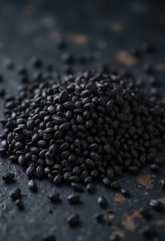 Semillas de sésamo negro integral esparcidas en cuenco