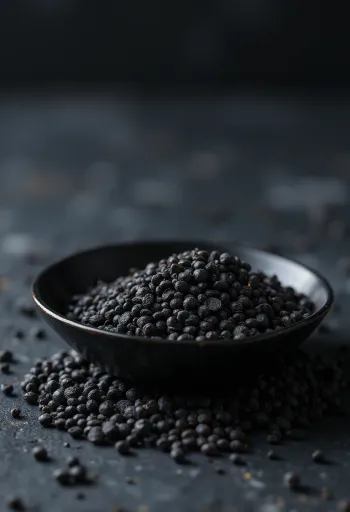 Semillas de mostaza negra entera en cuenco cerámico