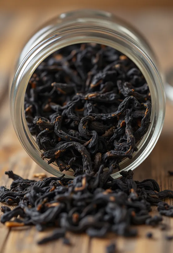 Té negro en hebras como ingrediente culinario en cuenco y cuchara